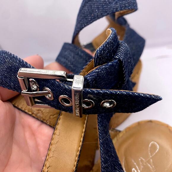 Arturo Chiang Cork Block Heel Navy Blue Denim Canvas Ankle Strap Sandal Sz 8M - Picture 6 of 7